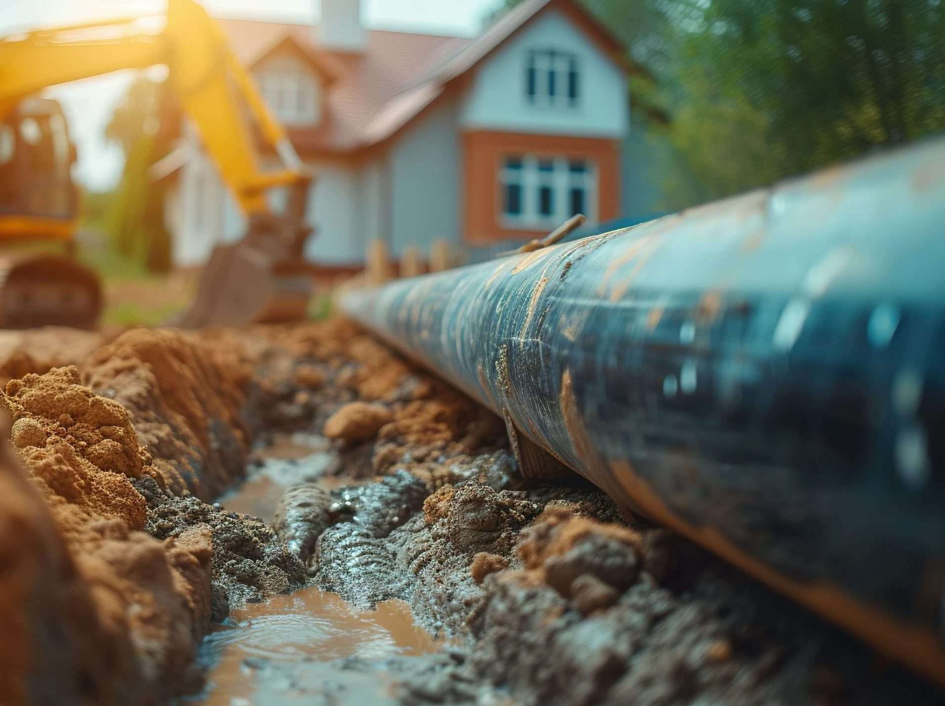 installation of a sewage plastic pipe during the construction of a house. Creative Banner. Copyspace image sewer line replacement